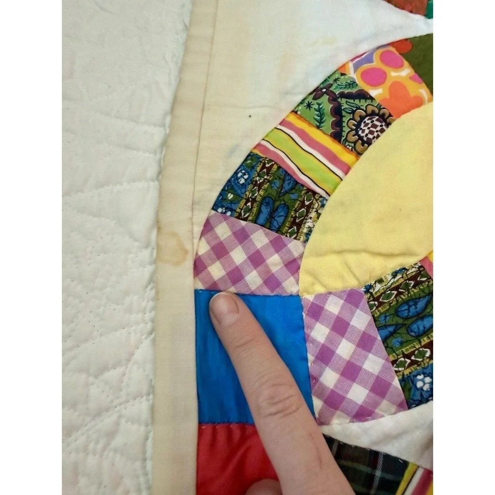 Vintage Handmade Colorful Floral Scrap Pink Double Wedding Ring Full Quilt 80x90